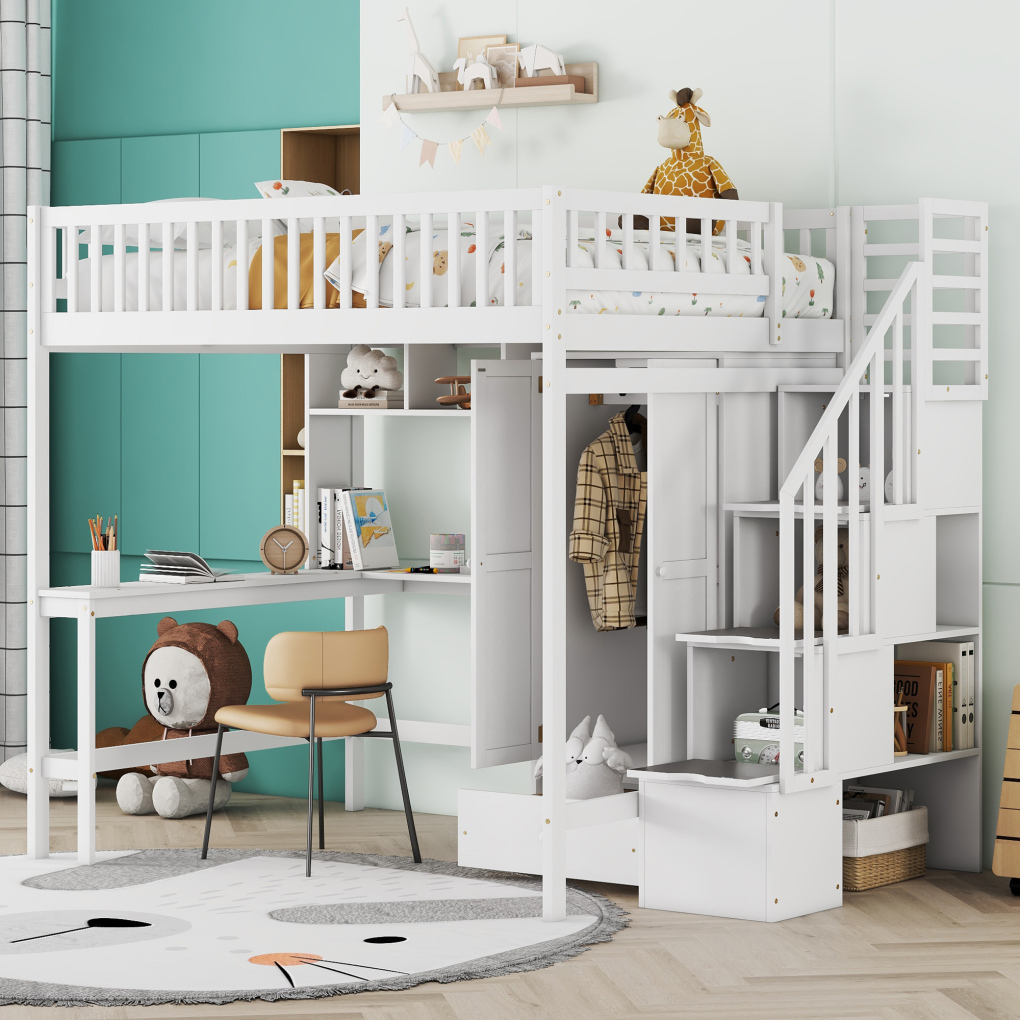 Loft Bed with Bookshelf, Drawers, Desk and Wardrobe, Solid Wood Full Size Loft Bed Frame with Safety Guardrails and Storage Stairs, Multifunctional \u0026 Space Saving Loft Bed for Boys \u0026 Girls, White